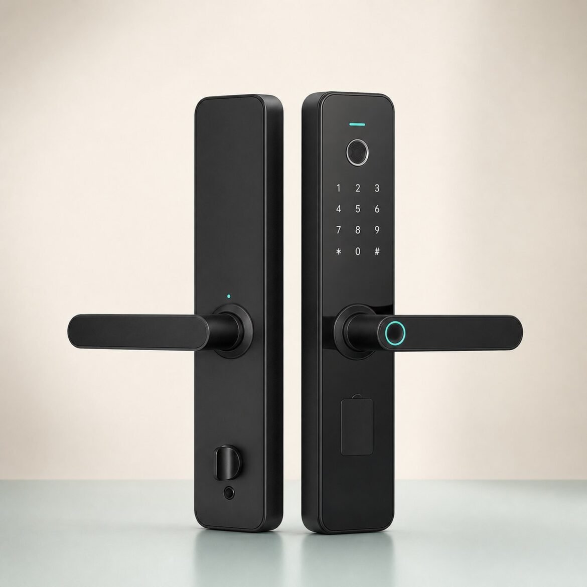 Black smart door lock with keypad, fingerprint reader and lever handles