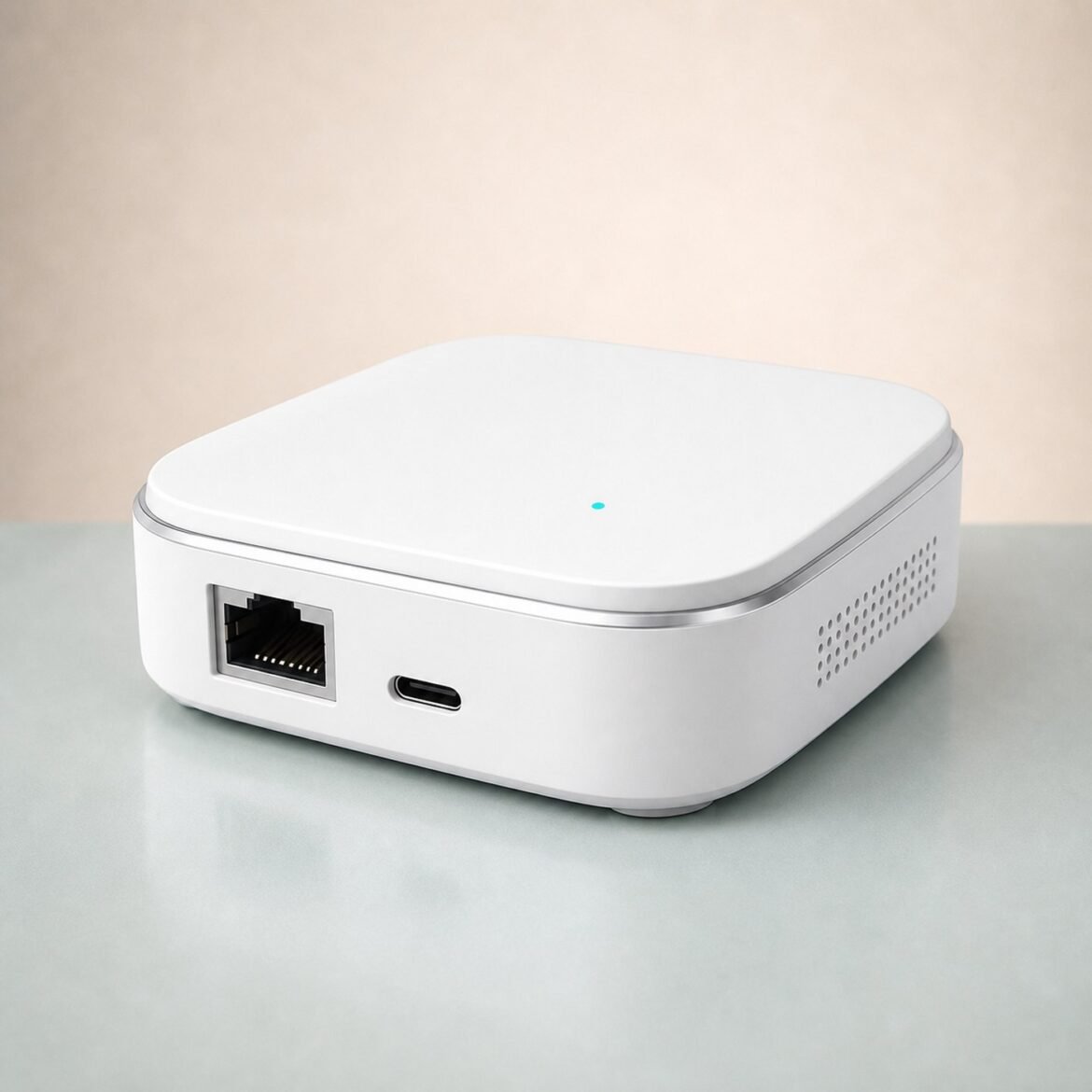 White wired smart home gateway with Ethernet and USB-C ports