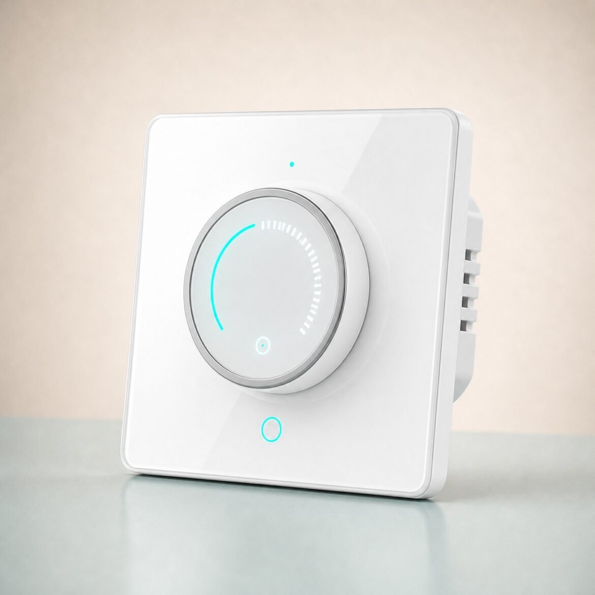 White wall-mounted smart thermostat with circular touch control